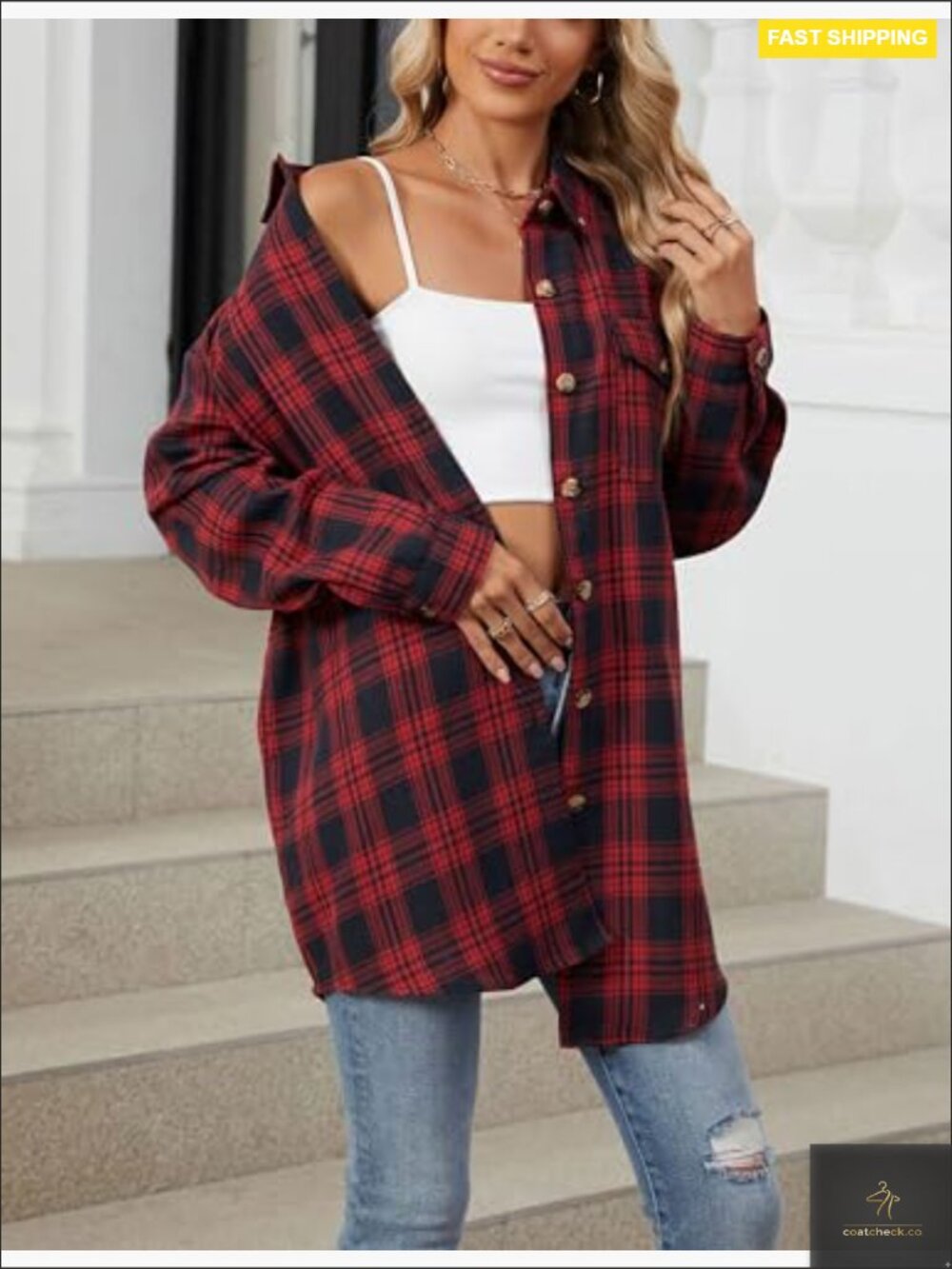 Oversized Plaid Flannel Button Down Shirt with Pockets Casual Long Sleeve Blouse - Picture 5 of 6
